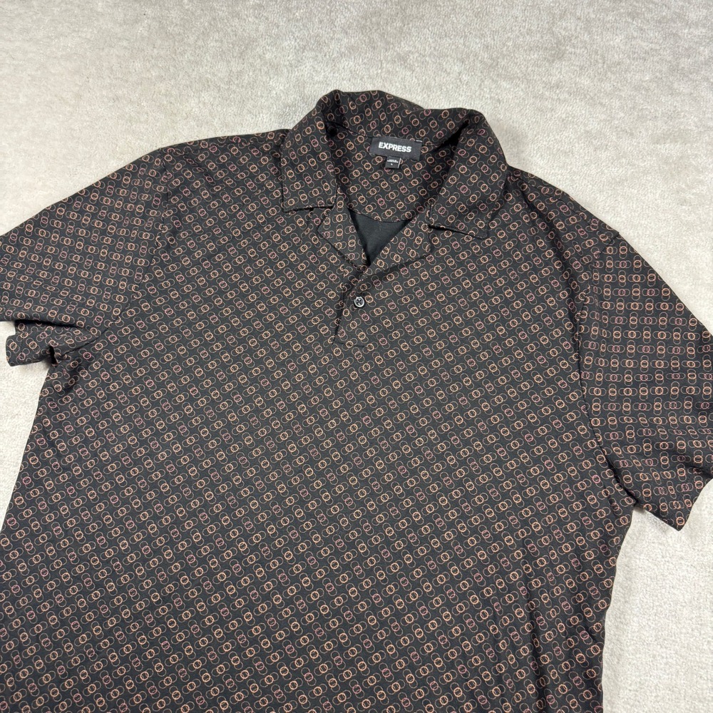 Express Polo Shirt Mens L Black Copper Geometric Chain Link Camp Collar Casual